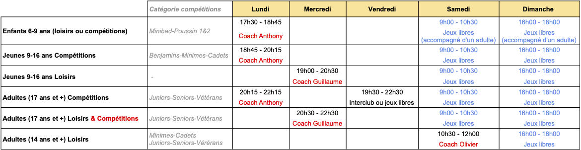 Calendrier et créneaux du club de badminton de Villennes-sur-Seine